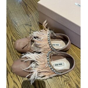 Miu Miu Tan Feather Embellished Flats